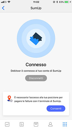 SumUp connesso al tuo conto di Debitoor sulla app per dispositivi mobili del tuo programma di fatturazione